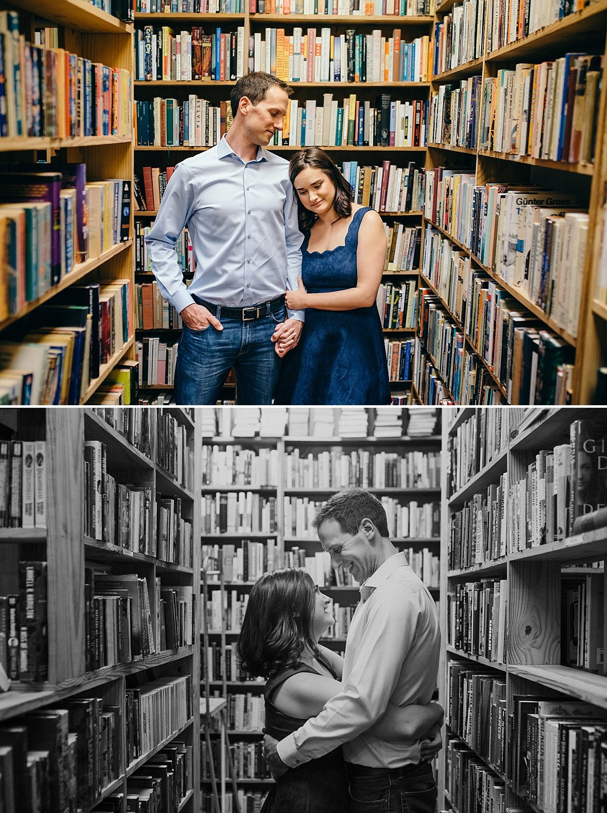 engagement photos in a bookstore