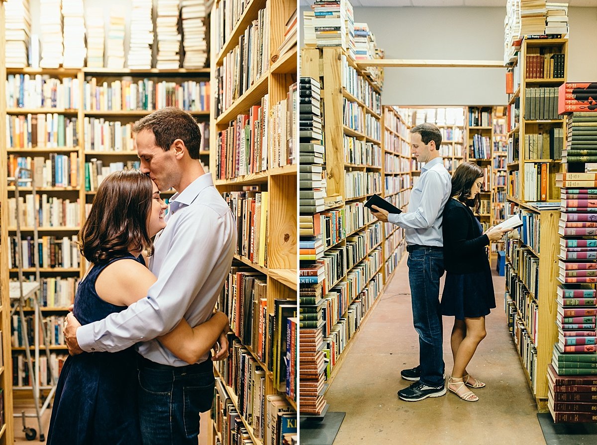 engagement photos in a bookstore