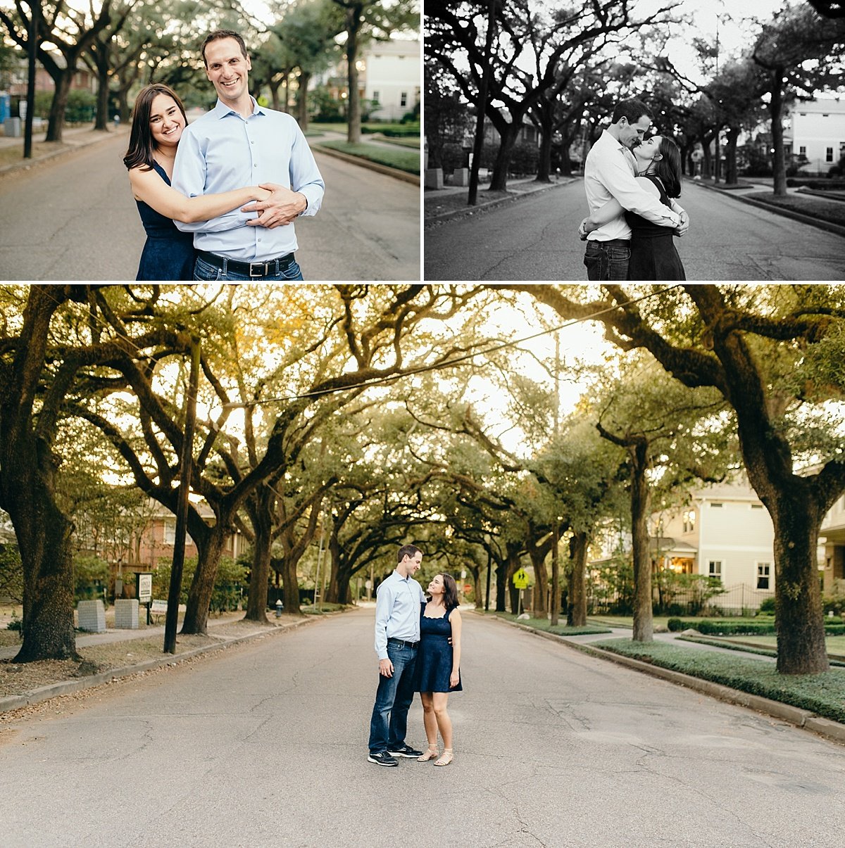a couple standing under a row of trees