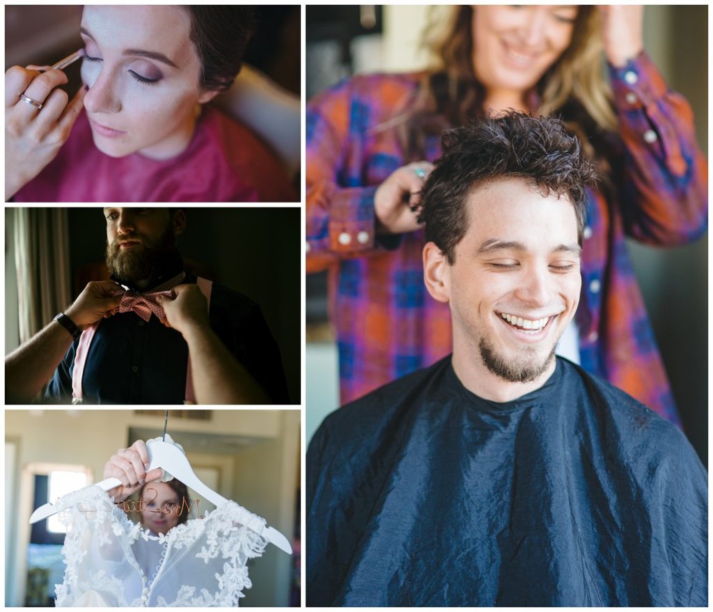 pictures of people getting ready near windows on their wedding day