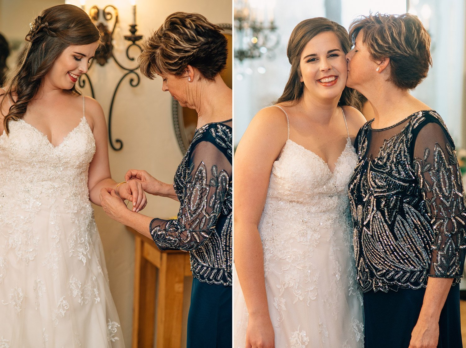 mother helps bride get ready in bridal room at the springs event center