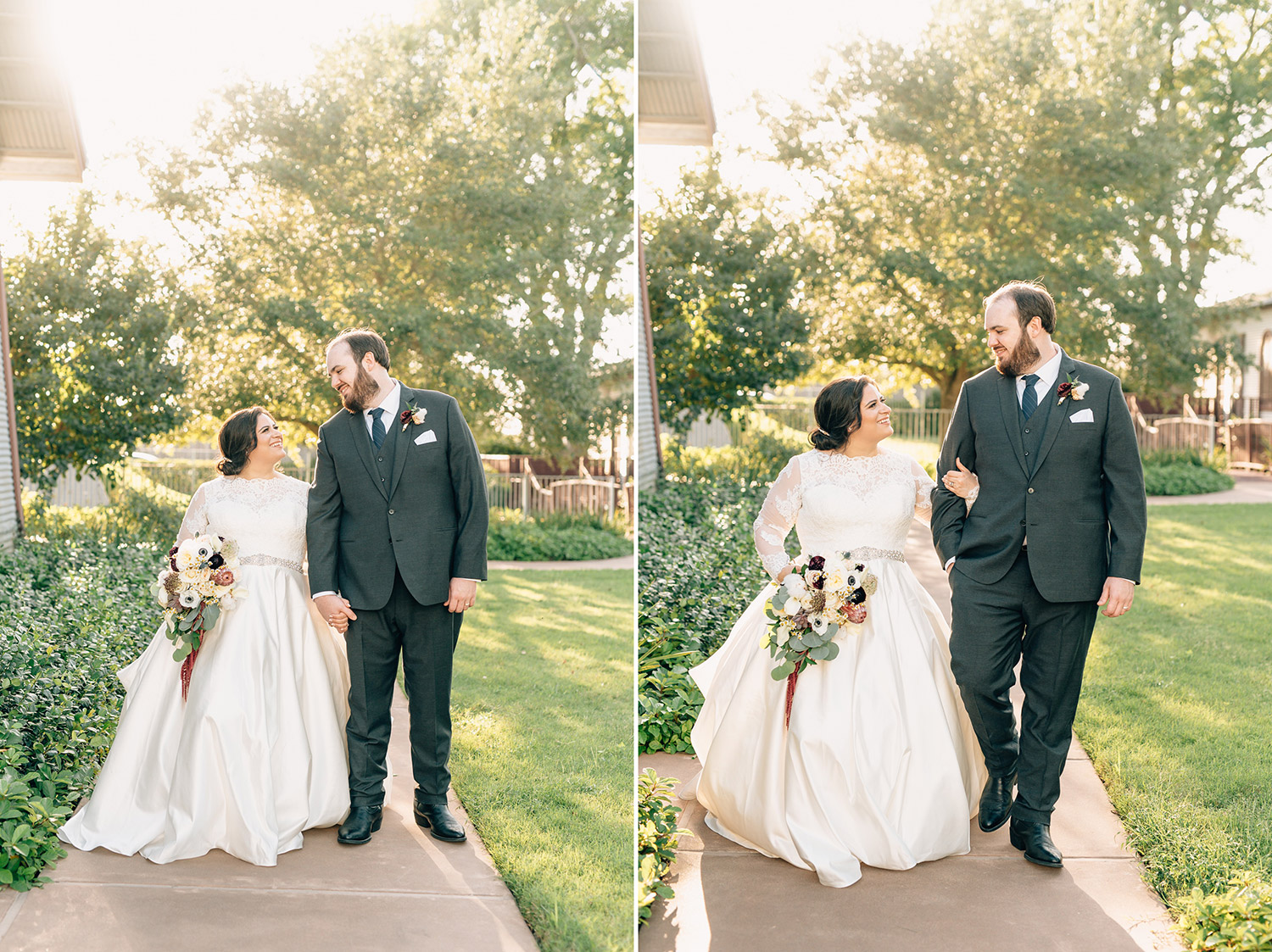 Bride and Groom walk outside of their Cotton Gin No. 116 Wedding