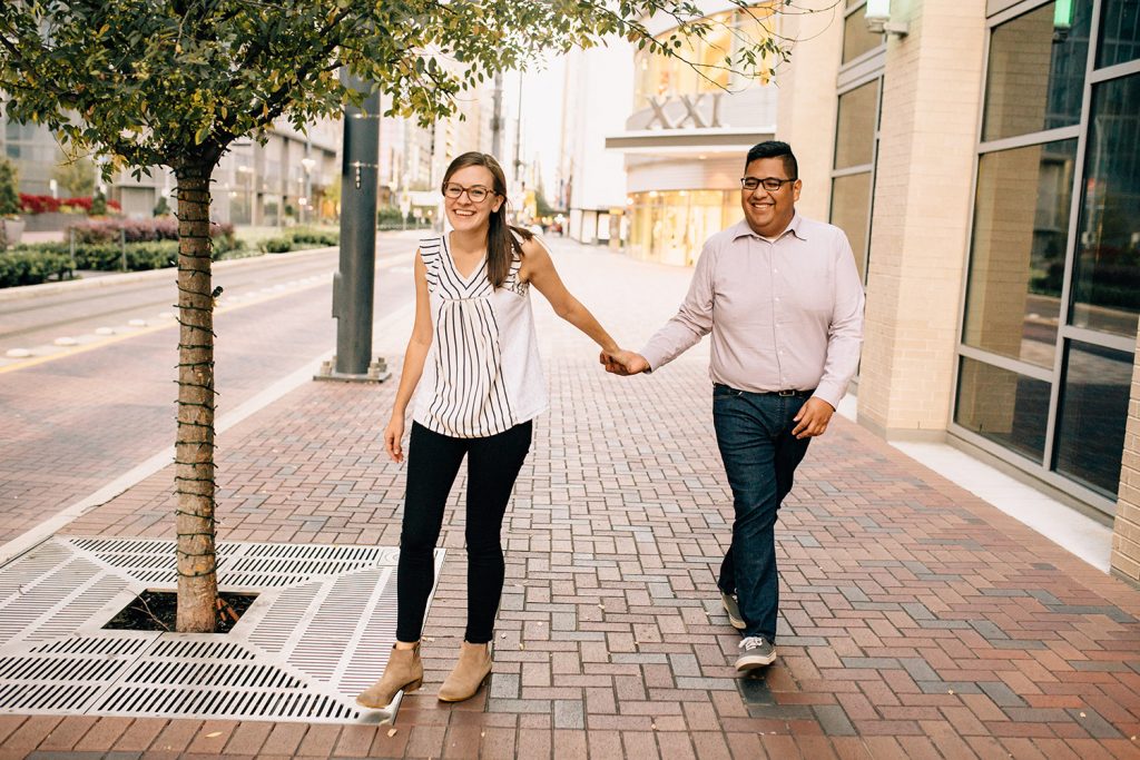 Bride and groom downtown for their houston engagement photos