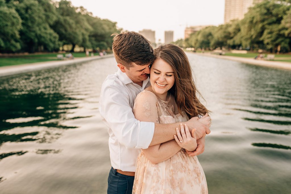 Houston Engagement Photos at Hermann Park reflection pool