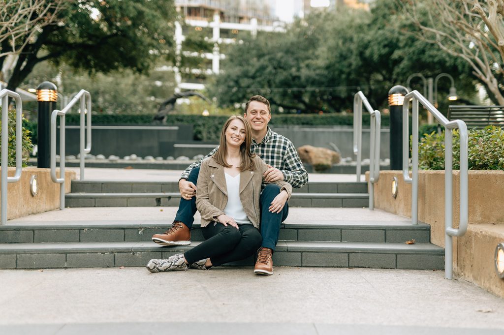 couple in market square park for their houston engagement photos